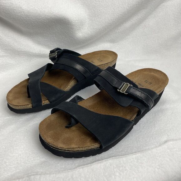 Naot Jessica Black Nubuck Suede Leather‎ Slip On Comfy Wedge Sandals Sz 37 US L6 - Picture 1 of 7
